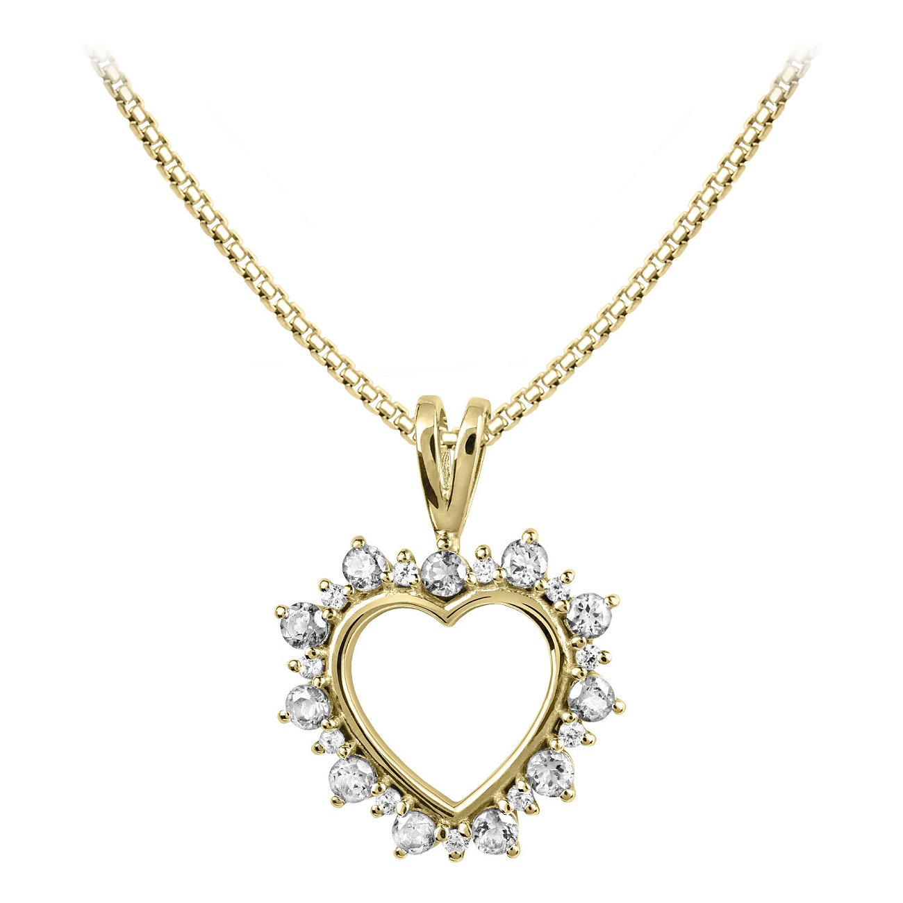 Jacques Lemans hartcollier van verguld zilver met zirkonia, open in het midden, aan een goudkleurige ketting.