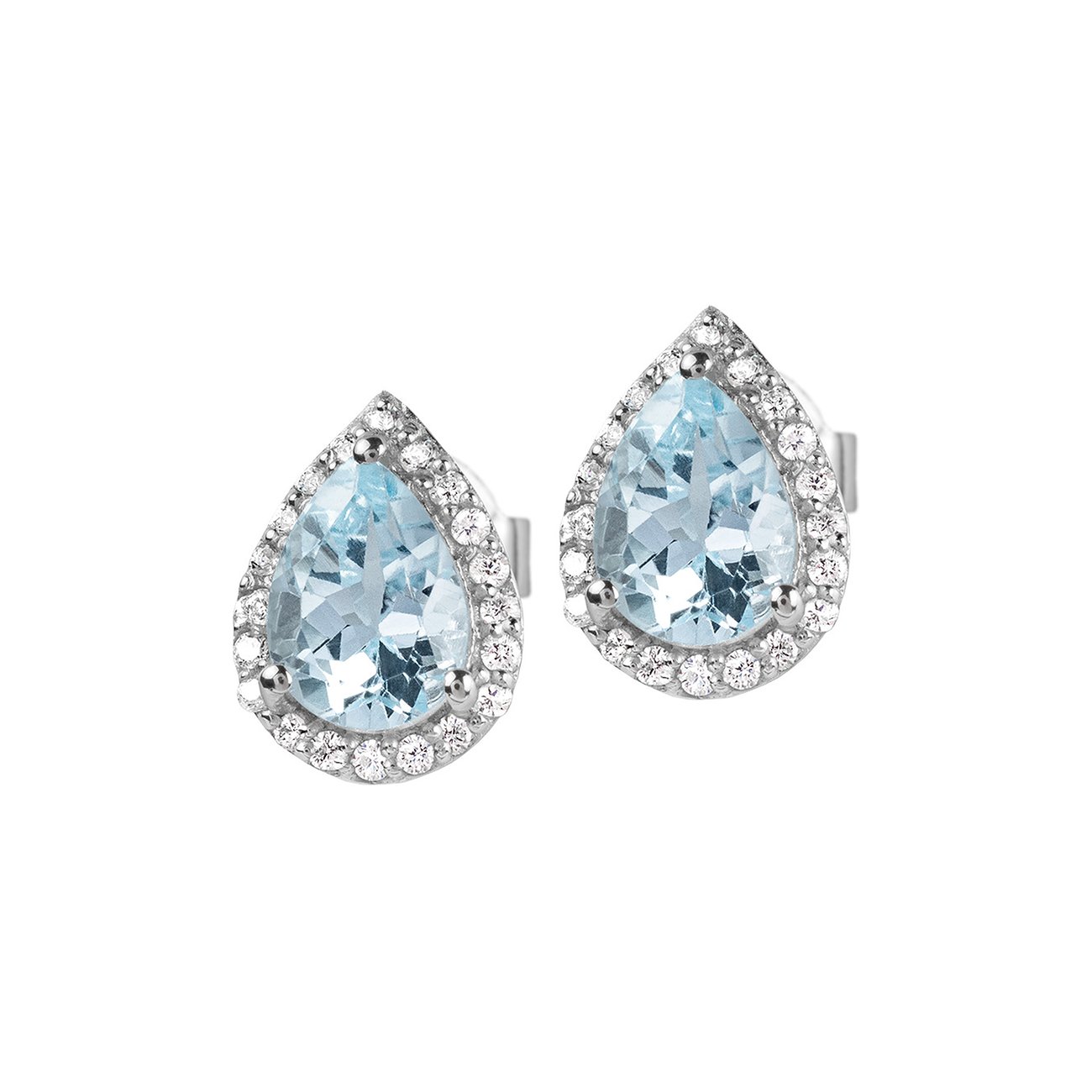 Puces d'oreilles Jacques Lemans en argent avec zircone bleue en forme de goutte, entourée de petites zircones claires.