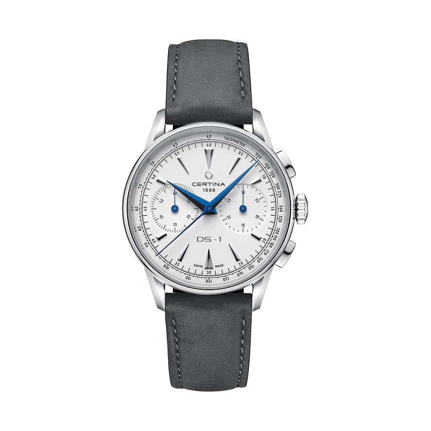 Certina Herrenuhr aus Edelstahl mit weißem Zifferblatt, blauen Zeigern und grauem Armband.