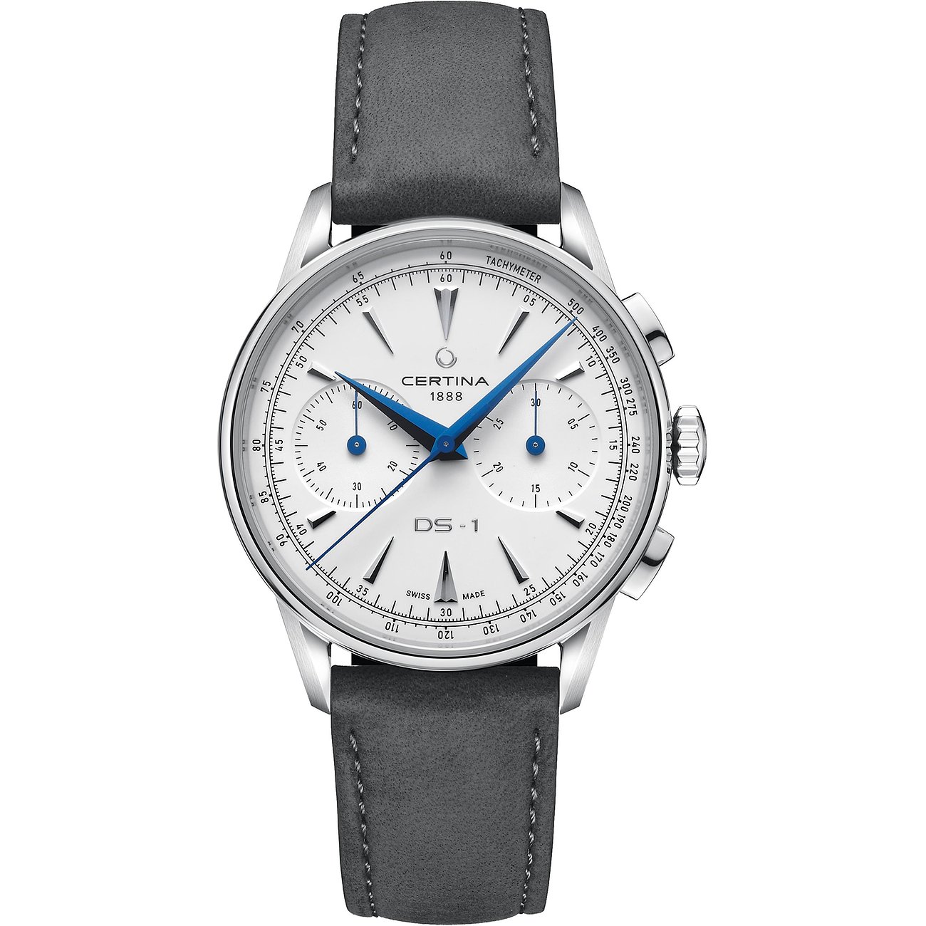 Certina Herrenuhr aus Edelstahl mit weißem Zifferblatt, blauen Zeigern und grauem Armband.