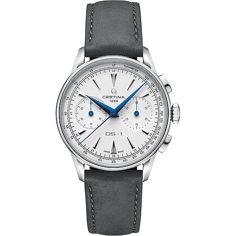 Certina Herrenuhr aus Edelstahl mit weißem Zifferblatt, blauen Zeigern und grauem Armband.