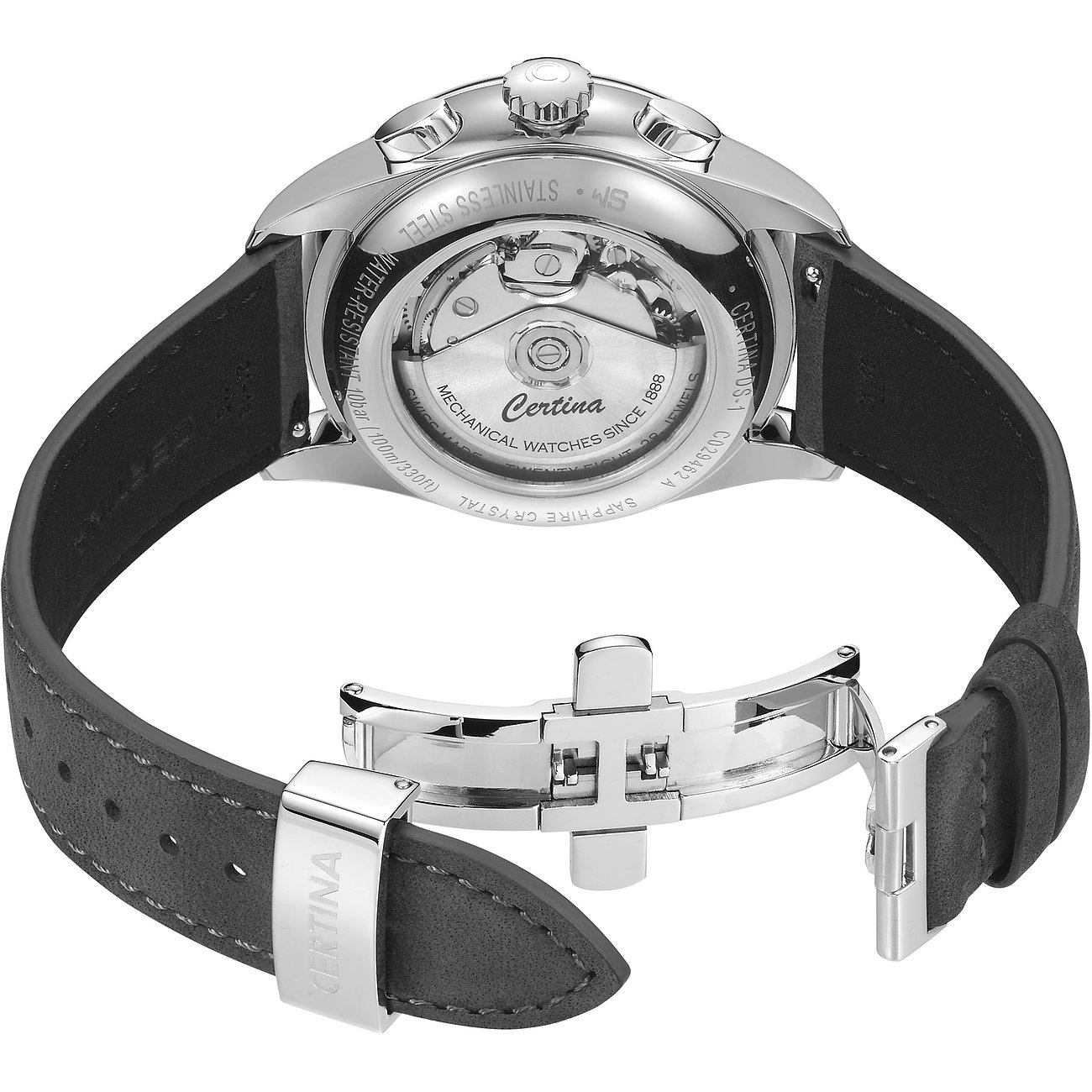 Rückansicht der Certina Herrenuhr aus Edelstahl mit dunklem Lederarmband, offener Schließe, sichtbares Uhrwerk.