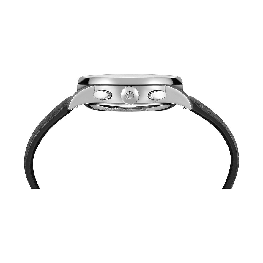 Seitenansicht einer Certina Herrenuhr aus Edelstahl mit schwarzem Armband und drei silberfarbenen Kn tpfen