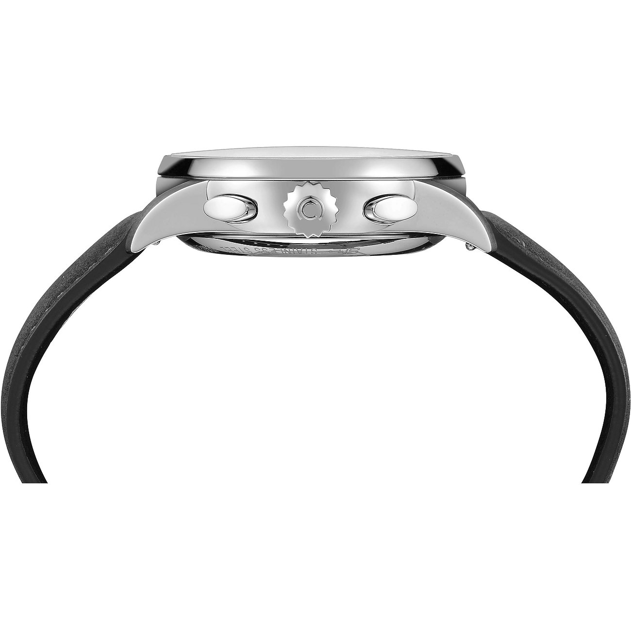 Seitenansicht einer Certina Herrenuhr aus Edelstahl mit schwarzem Armband und drei silberfarbenen Kn tpfen