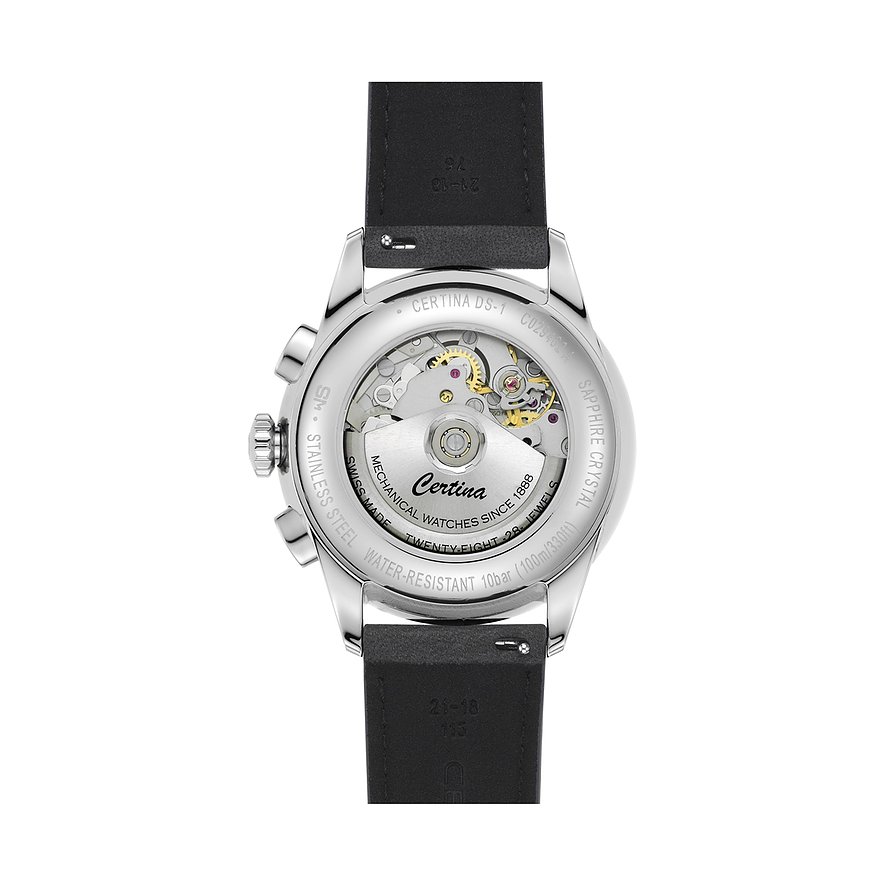 Rückansicht der Certina Herrenuhr aus Edelstahl mit einem transparenten Gehäuseboden, der das mechanische Uhrwerk zeigt.