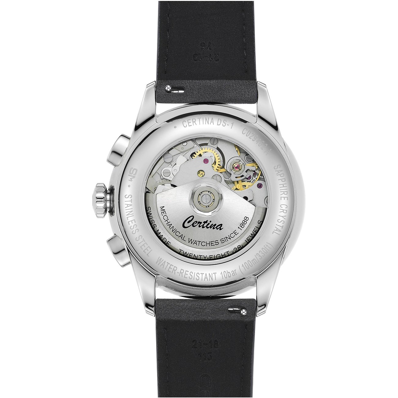 Rückansicht der Certina Herrenuhr aus Edelstahl mit einem transparenten Gehäuseboden, der das mechanische Uhrwerk zeigt.
