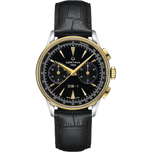 Certina Herrenuhr aus Edelstahl mit schwarzem Zifferblatt, goldenen Akzenten und schwarzem Lederarmband.