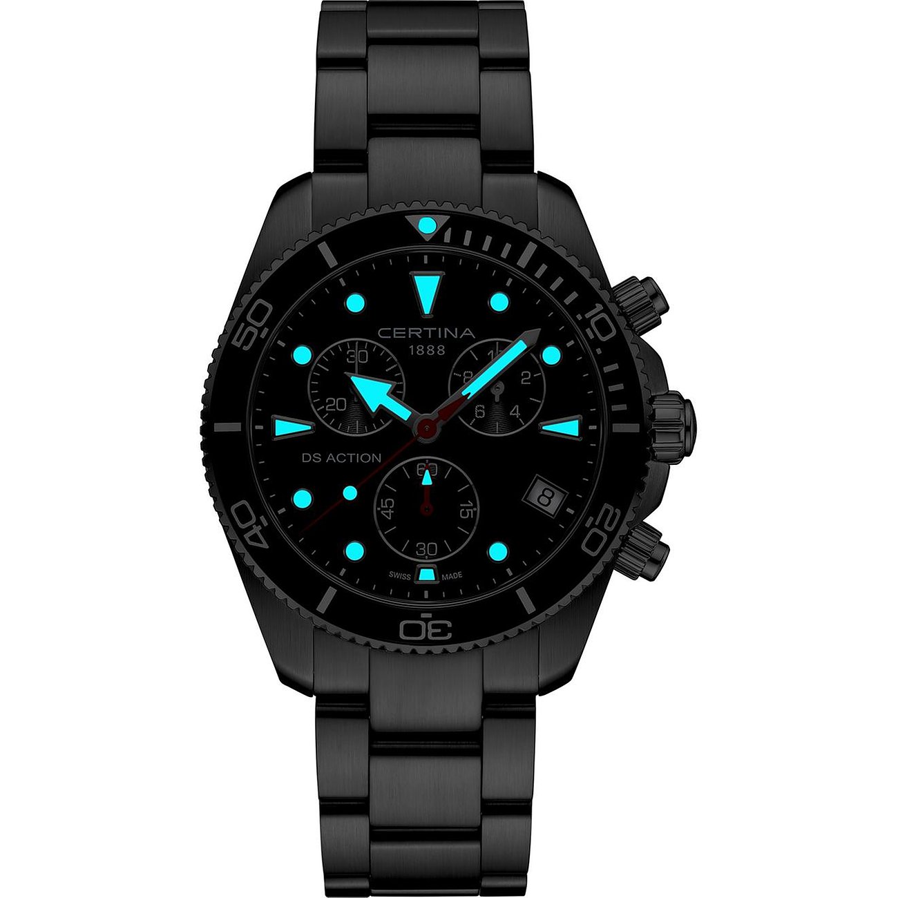 Eine schwarze Certina DS Action Herrenuhr aus Edelstahl mit leuchtend blauen Zeigern und Markierungen.