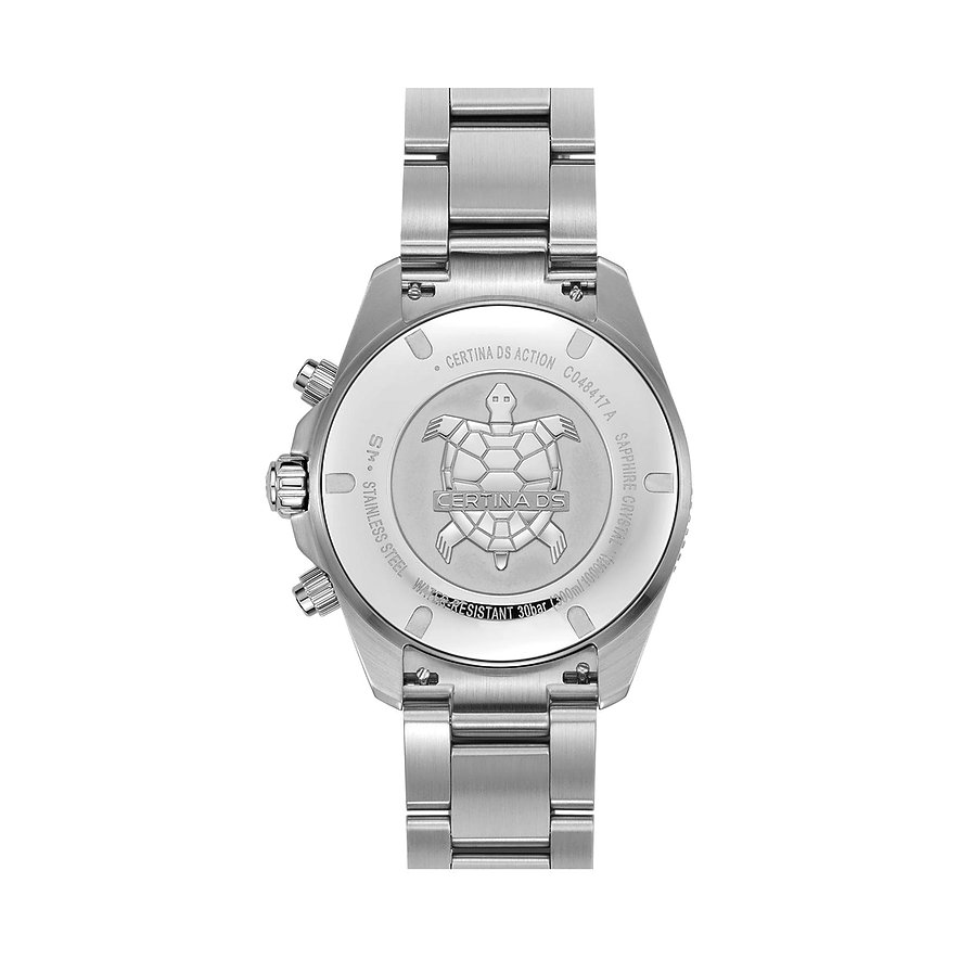 Rückansicht der Certina Herrenuhr aus silbernem Edelstahl, mit feinen Gravuren inklusive des Certina Schildkrötenlogos.