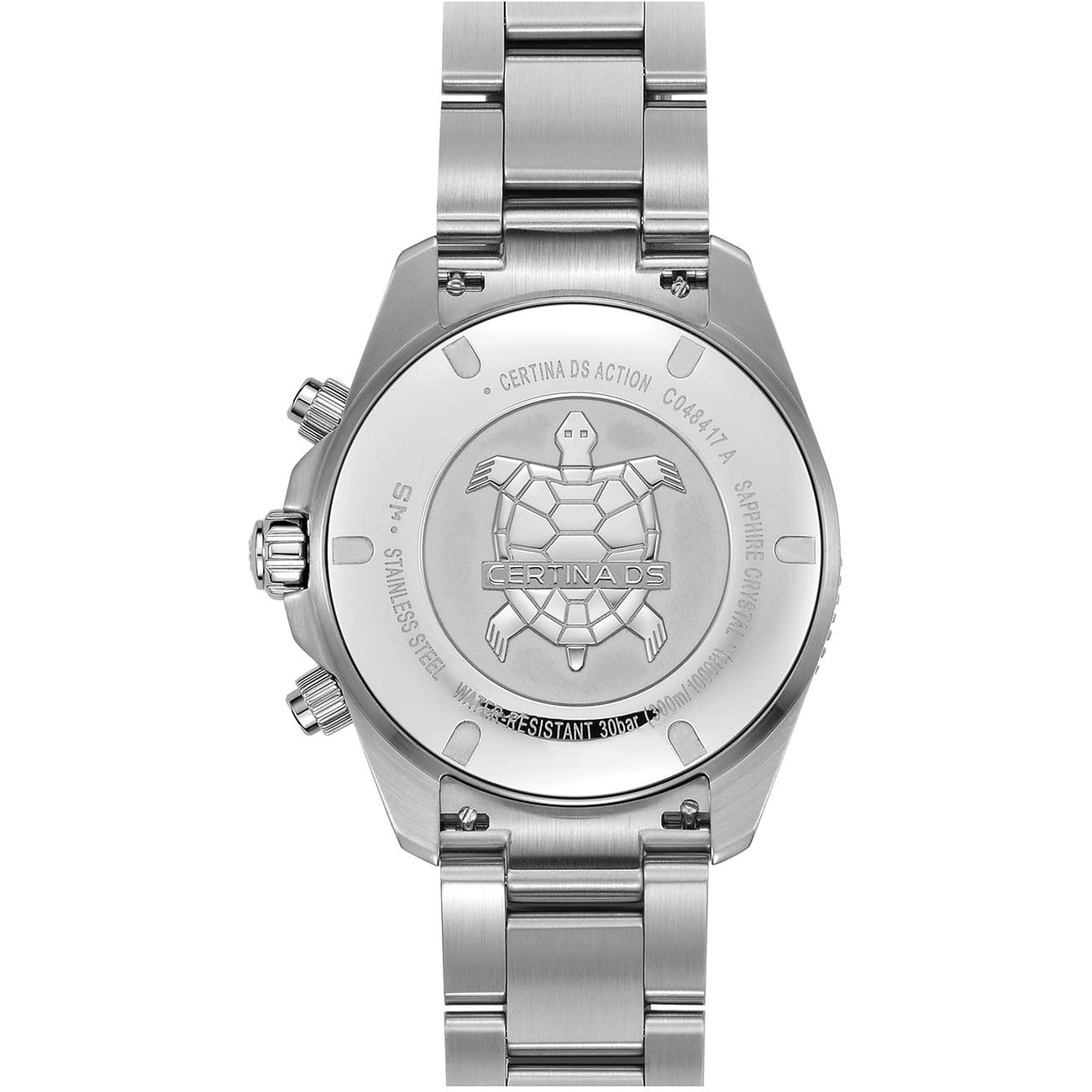 Rückansicht der Certina Herrenuhr aus silbernem Edelstahl, mit feinen Gravuren inklusive des Certina Schildkrötenlogos.