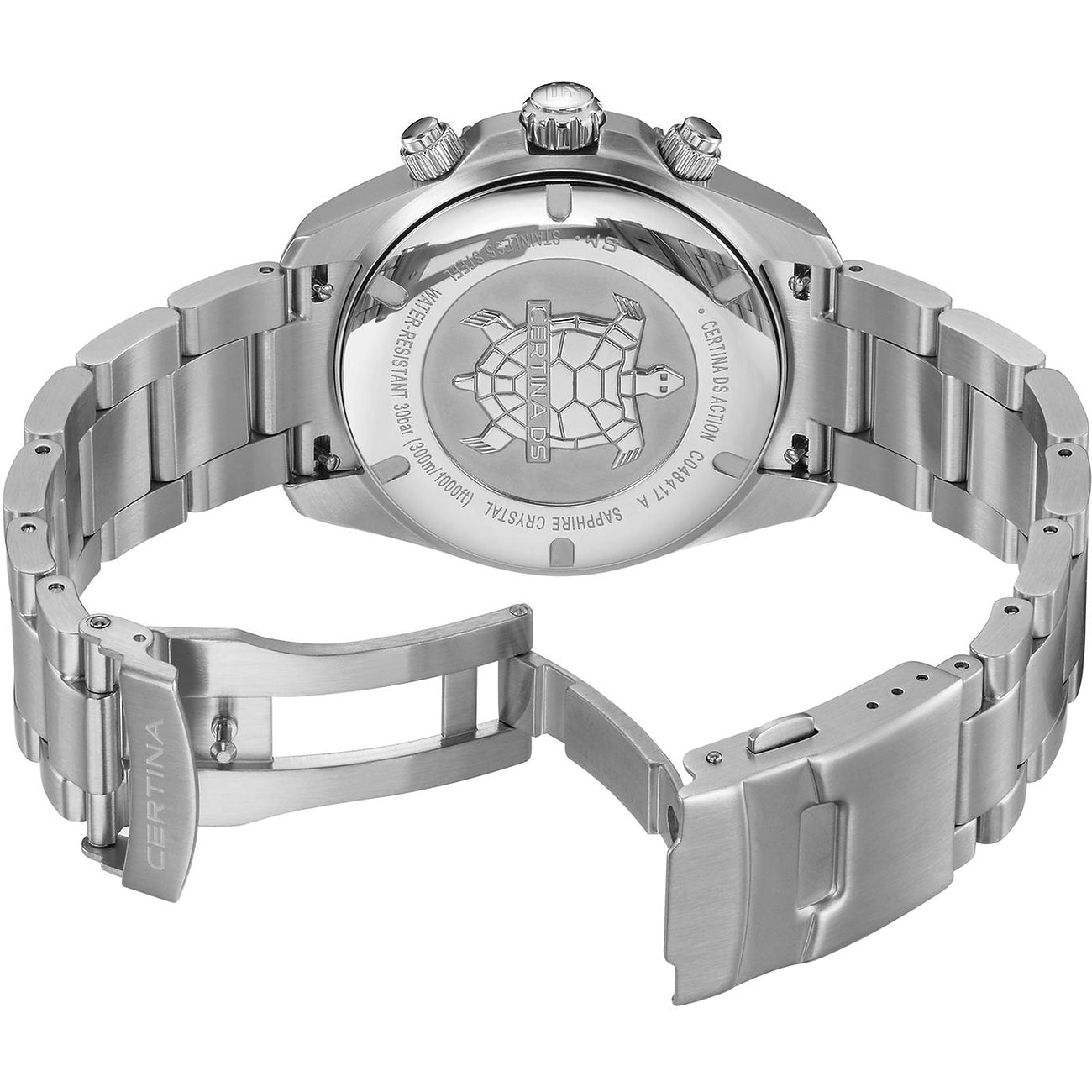 Rückansicht der Certina Herrenuhr aus Edelstahl mit geöffnetem Armband und einer Schildkrötenprägung auf dem Gehäuse.