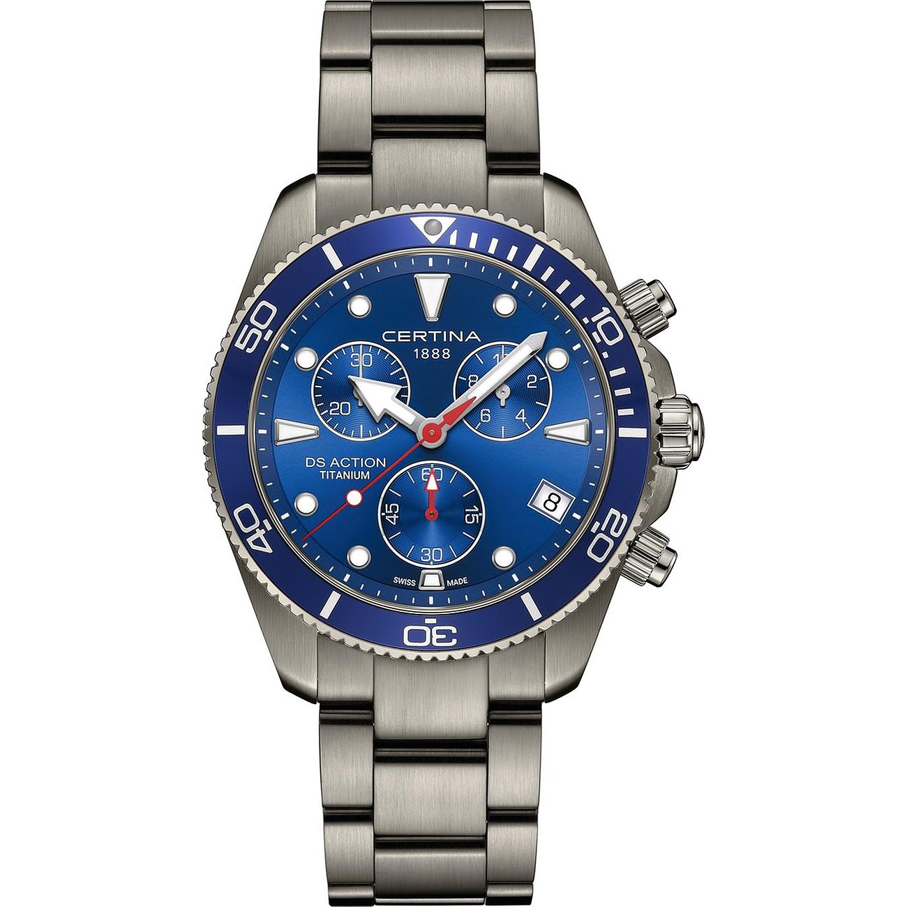 Certina Herrenuhr aus Titan, mit blauem Zifferblatt und blauem Gehäuse, rote Akzente an den Zeigern.