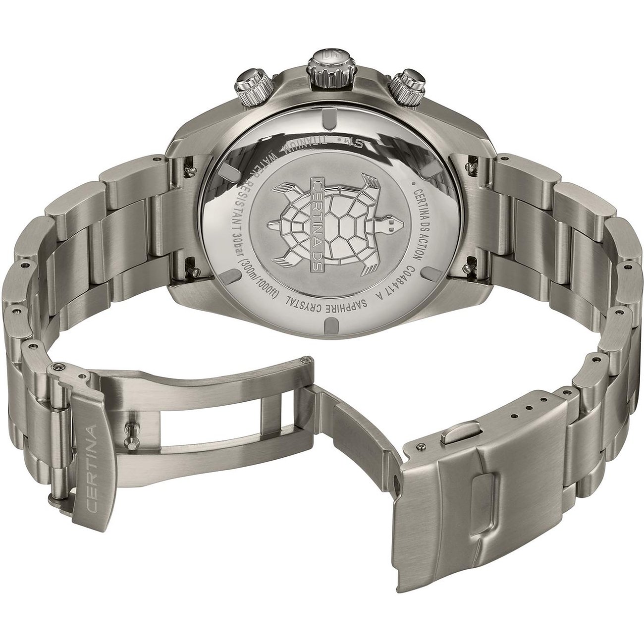 Rückansicht der Certina Herrenuhr aus Titan, die ihre verschraubte Gehäuserückseite mit Siegel und offenes Band zeigt.