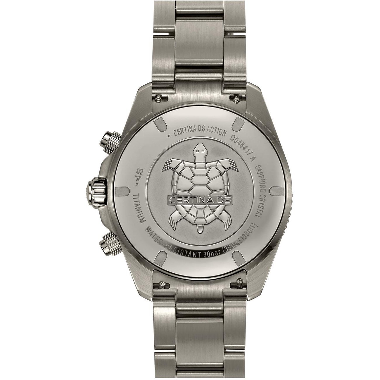 Rückseite einer Certina Herrenuhr aus Titan in Nahaufnahme, mit Schildkröten-Emblem und „Certina DS“-Gravur.