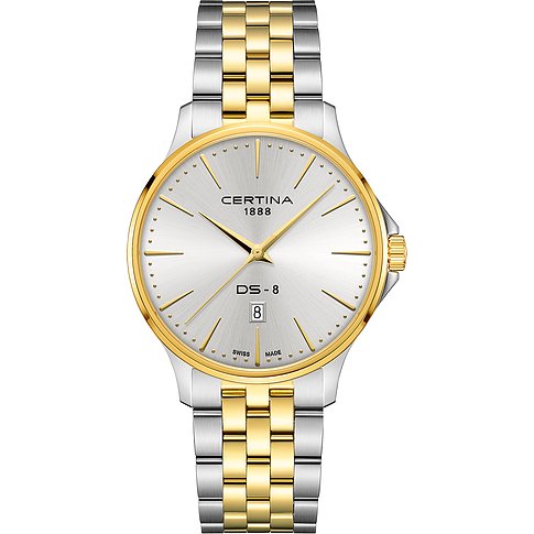 Certina Herrenuhr, Modell DS-8, aus Edelstahl in Silber- und Goldtönen mit einem hellen Zifferblatt und Datumsanzeige.