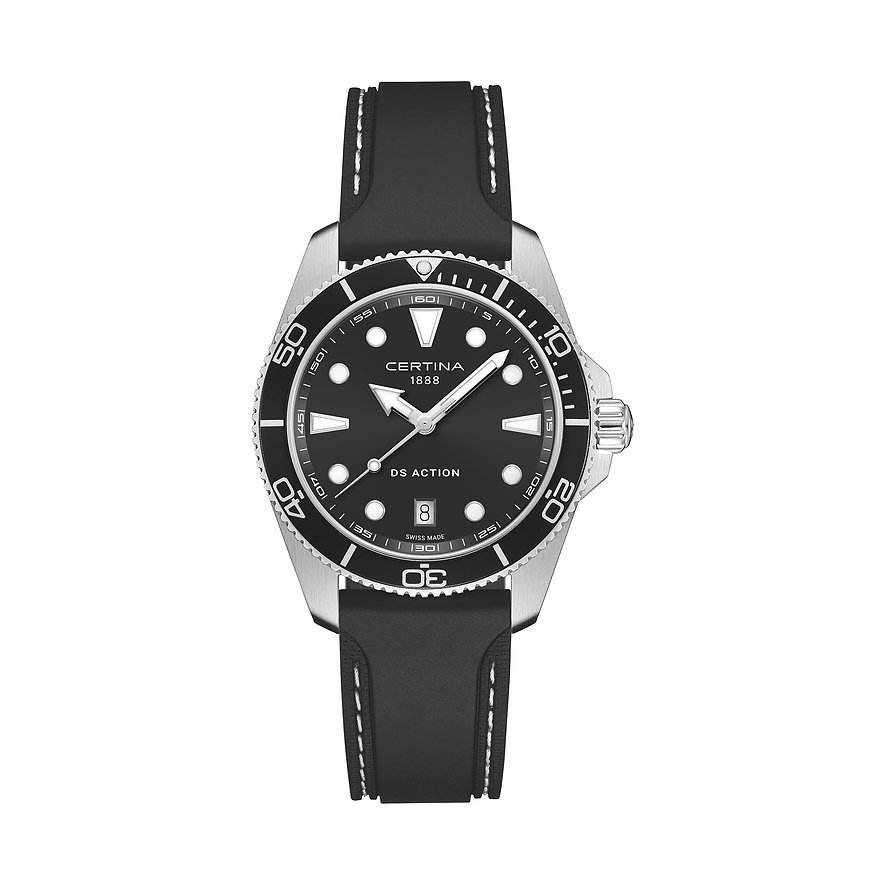 Certina Herrenuhr, Modell DS Action, aus Edelstahl mit schwarzem Zifferblatt und schwarzem Band, in der Draufsicht.