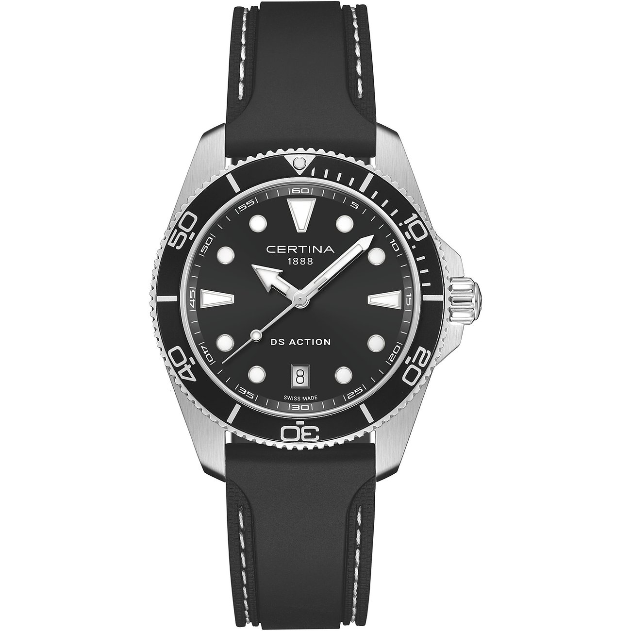 Certina Herrenuhr, Modell DS Action, aus Edelstahl mit schwarzem Zifferblatt und schwarzem Band, in der Draufsicht.