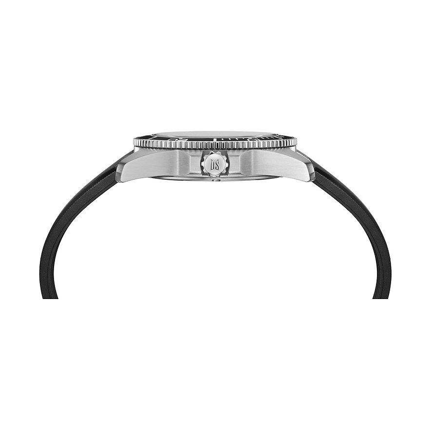 Seitenansicht der Certina Herrenuhr aus Edelstahl mit einem schwarzen Milanaise-Armband und einer Krone mit DS-Logo.