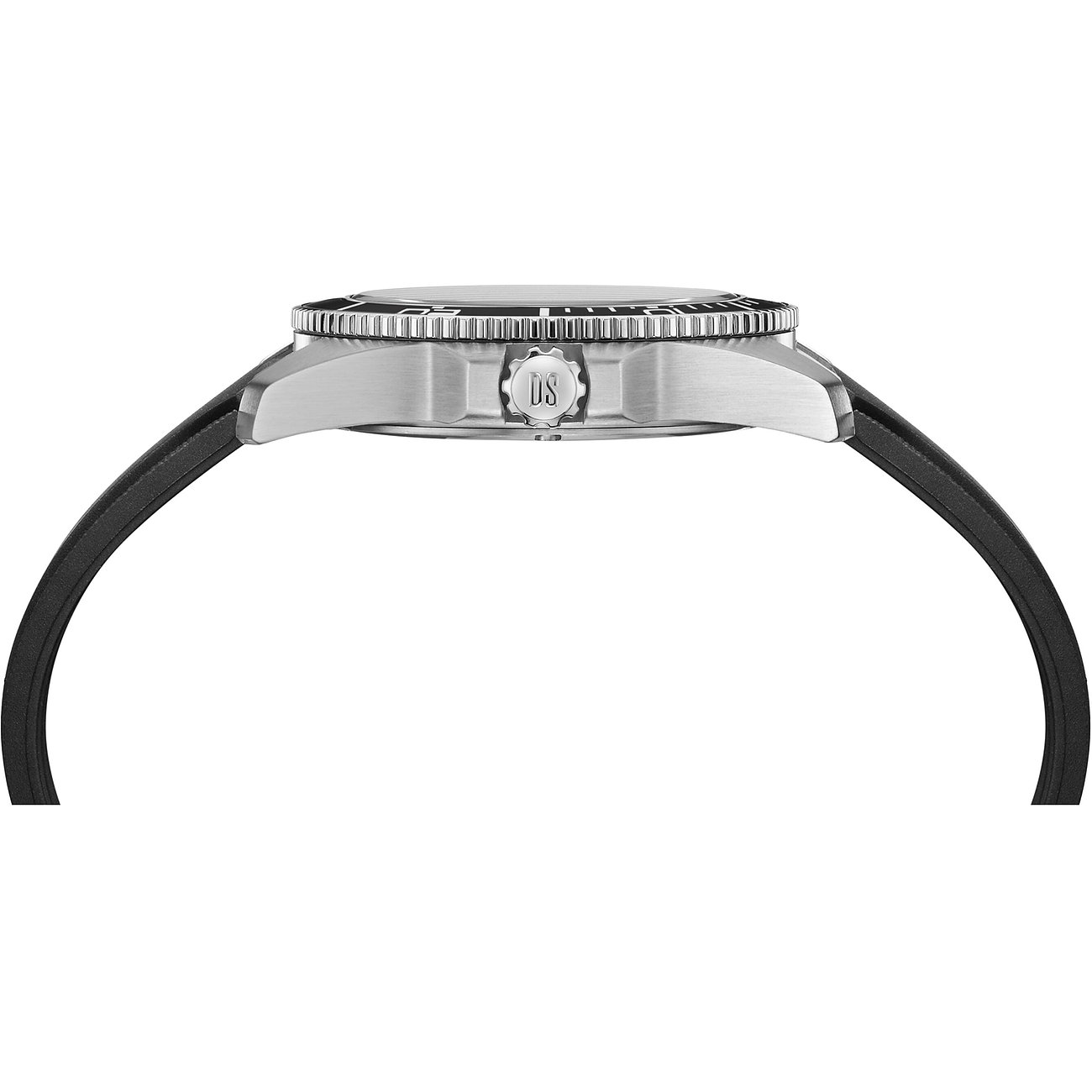 Seitenansicht der Certina Herrenuhr aus Edelstahl mit einem schwarzen Milanaise-Armband und einer Krone mit DS-Logo.