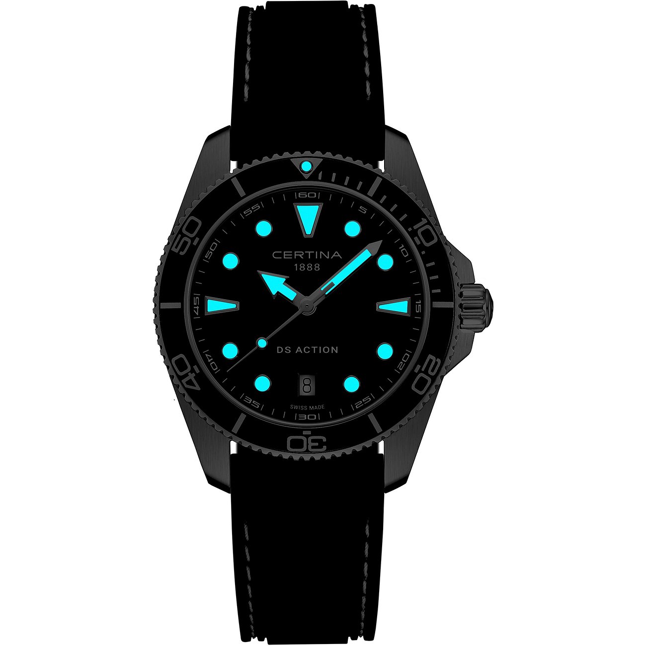 Certina Herrenuhr, ein Zeitmesser aus dunklem Edelstahl mit dunklem Zifferblatt, leuchtend blauen Zeigern und Indizes.