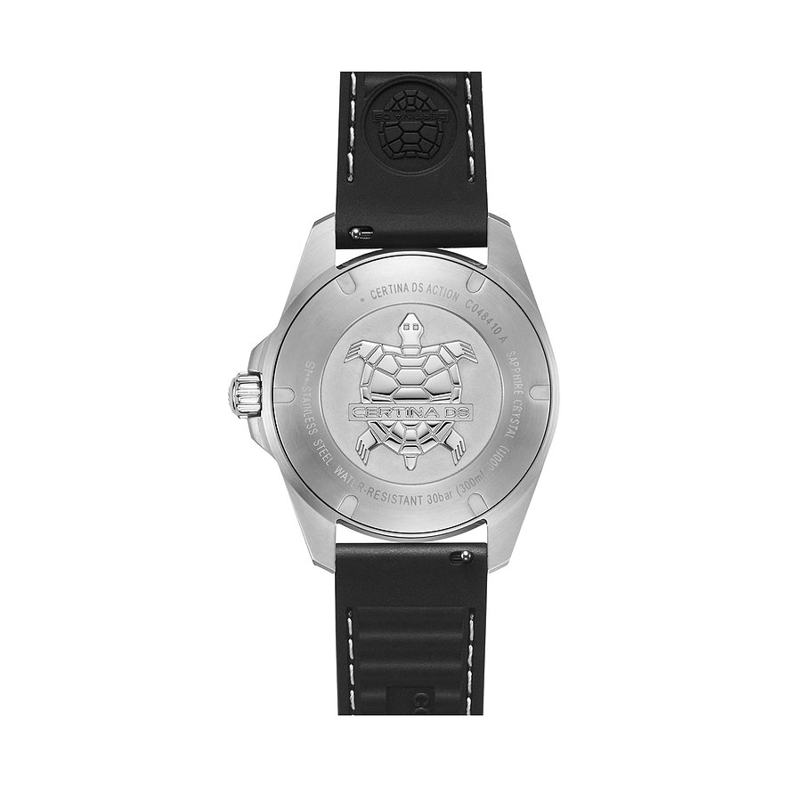 Rückansicht der Certina Herrenuhr aus Edelstahl mit schwarzem Armband und Schildkröten-Logo auf dem Gehäuseboden.