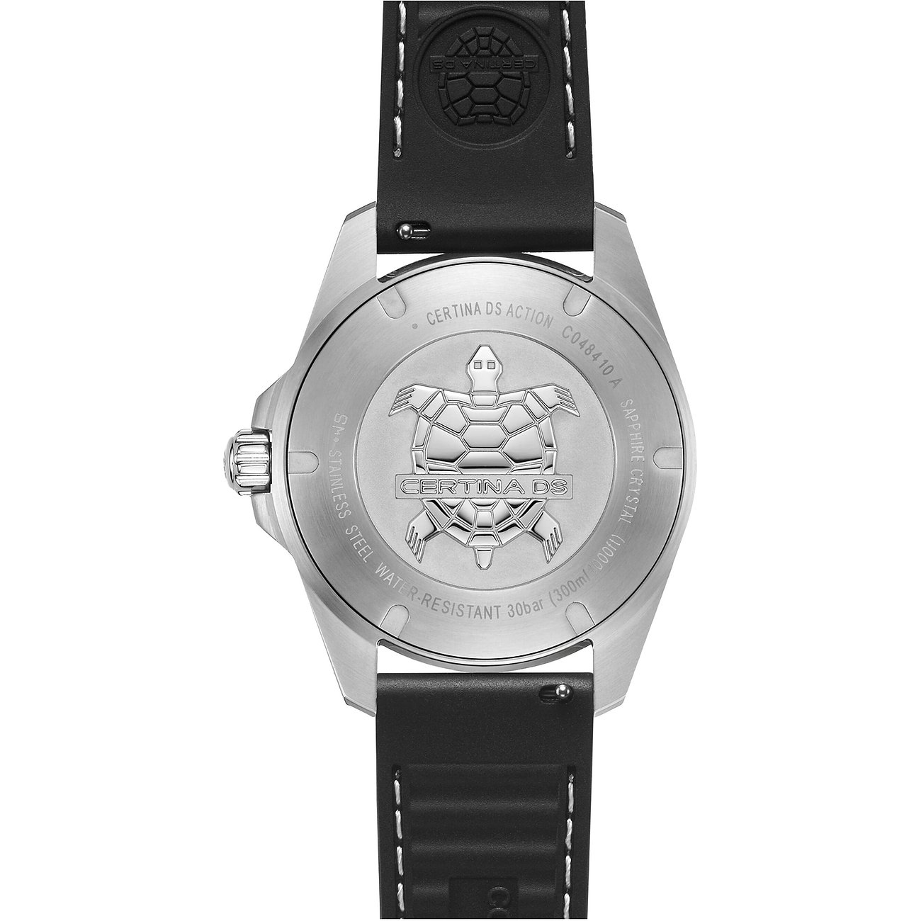 Rückansicht der Certina Herrenuhr aus Edelstahl mit schwarzem Armband und Schildkröten-Logo auf dem Gehäuseboden.