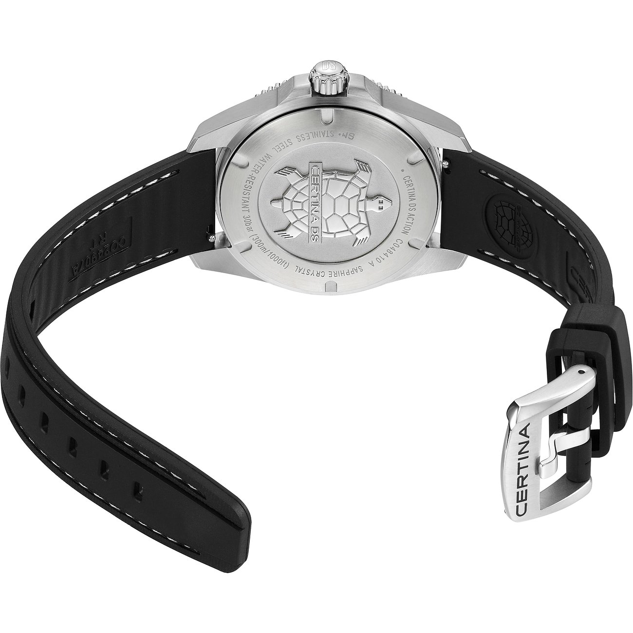 Rückansicht der Certina Herrenuhr aus Edelstahl mit schwarzem Armband und Schließe, die das Certina-Logo zeigt.