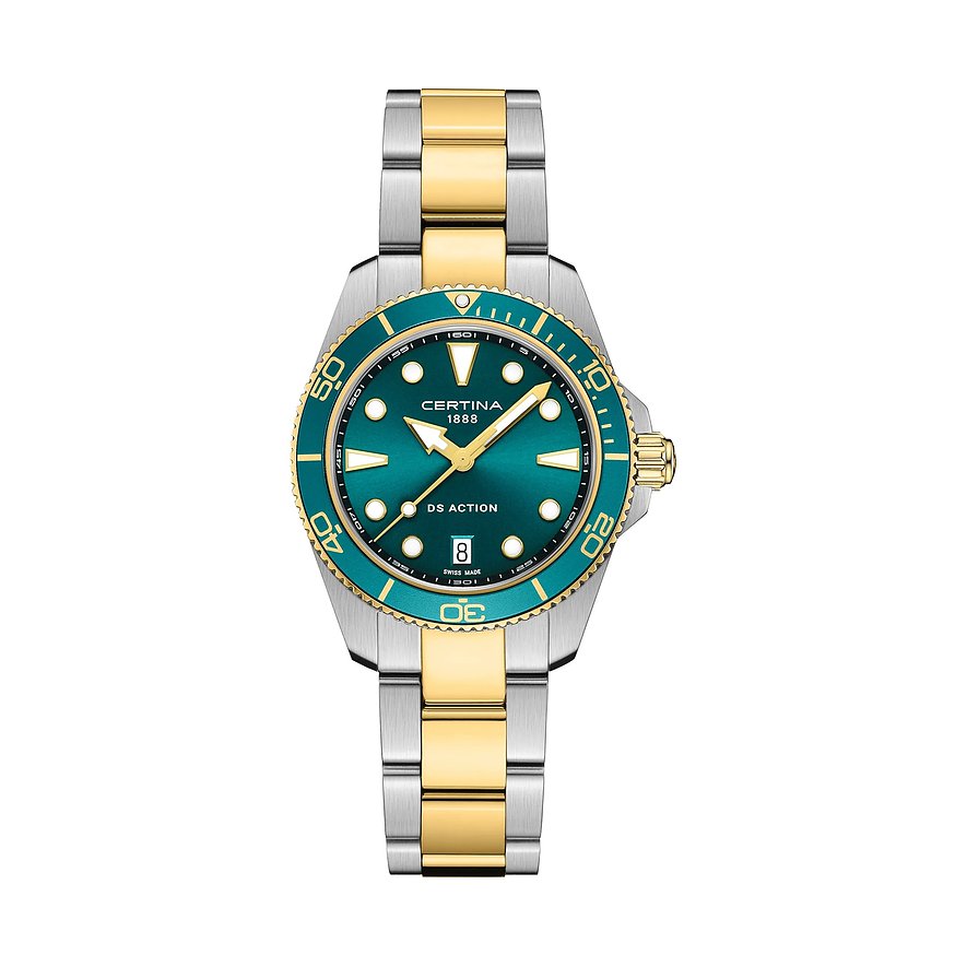 Certina Damenuhr aus Edelstahl mit zweifarbigem gold-silbernem Armband und einem grünen Zifferblatt.