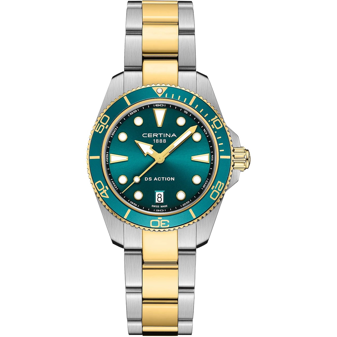 Certina Damenuhr aus Edelstahl mit zweifarbigem gold-silbernem Armband und einem grünen Zifferblatt.