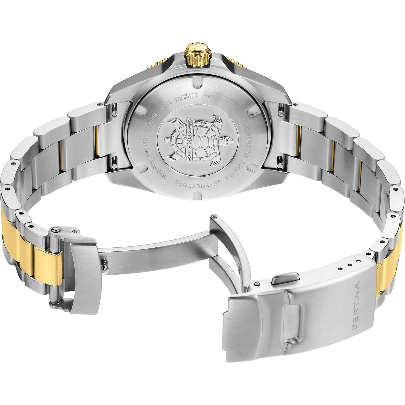 Rückansicht der Certina Damenuhr aus Edelstahl von schräg oben, mit Gravur und geöffneter Faltschließe des Armbands.
