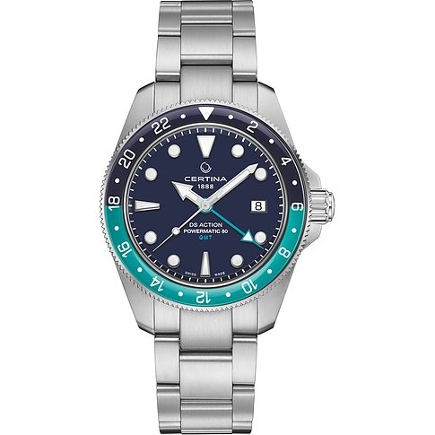 Certina Herrenuhr, ein Zeitmesser aus Edelstahl mit blauem Zifferblatt und türkisfarbener Lünette.