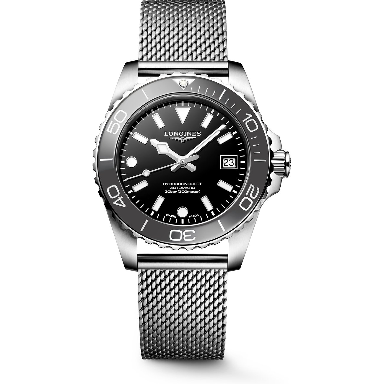 Longines Herrenuhr aus Edelstahl und Keramik mit schwarzem Zifferblatt und silberfarbenem Mesh-Armband, Vorderansicht.