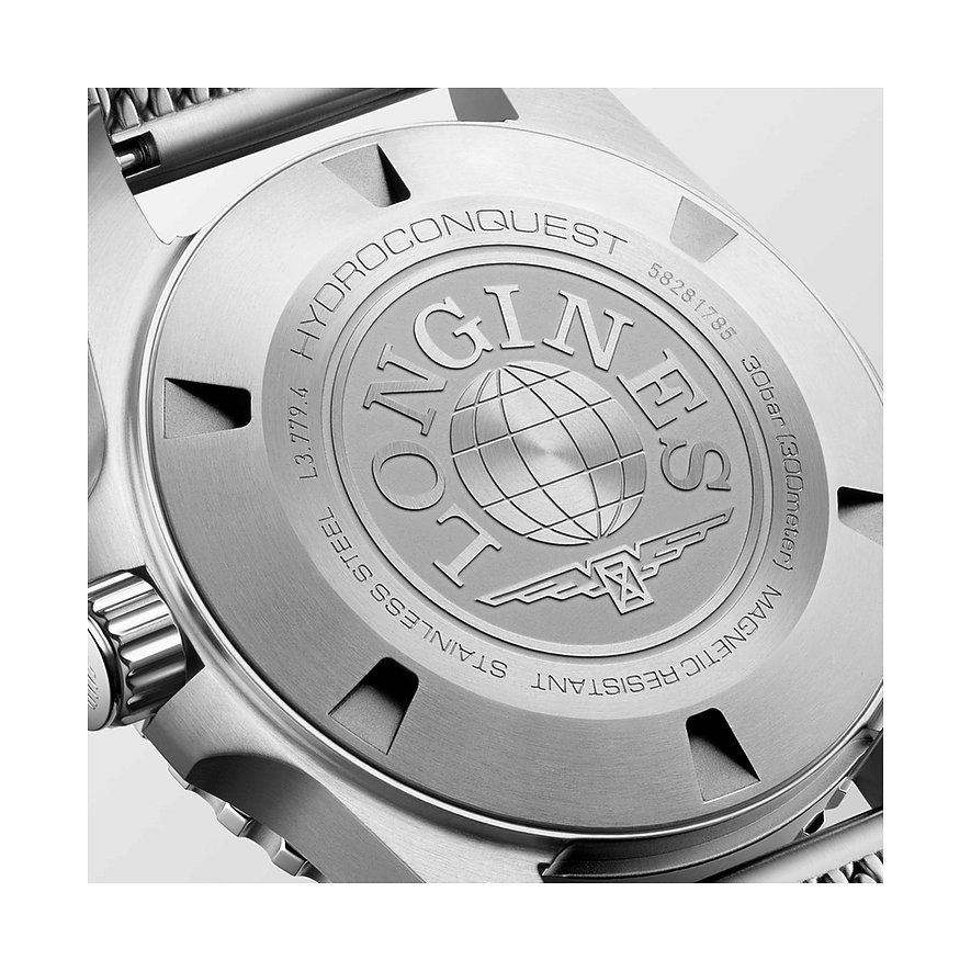 Rückseite einer Longines HydroConquest Herrenuhr aus Edelstahl und Keramik mit graviertem Logo und Details.