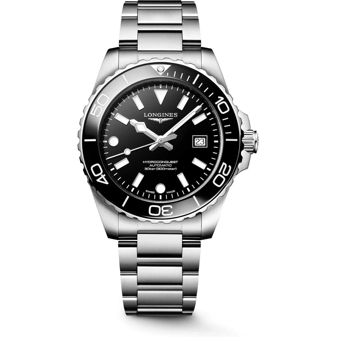 Longines Herrenuhr Longines HydroConquest aus Edelstahl und Keramik mit schwarzem Zifferblatt und silberfarbenem Armband.