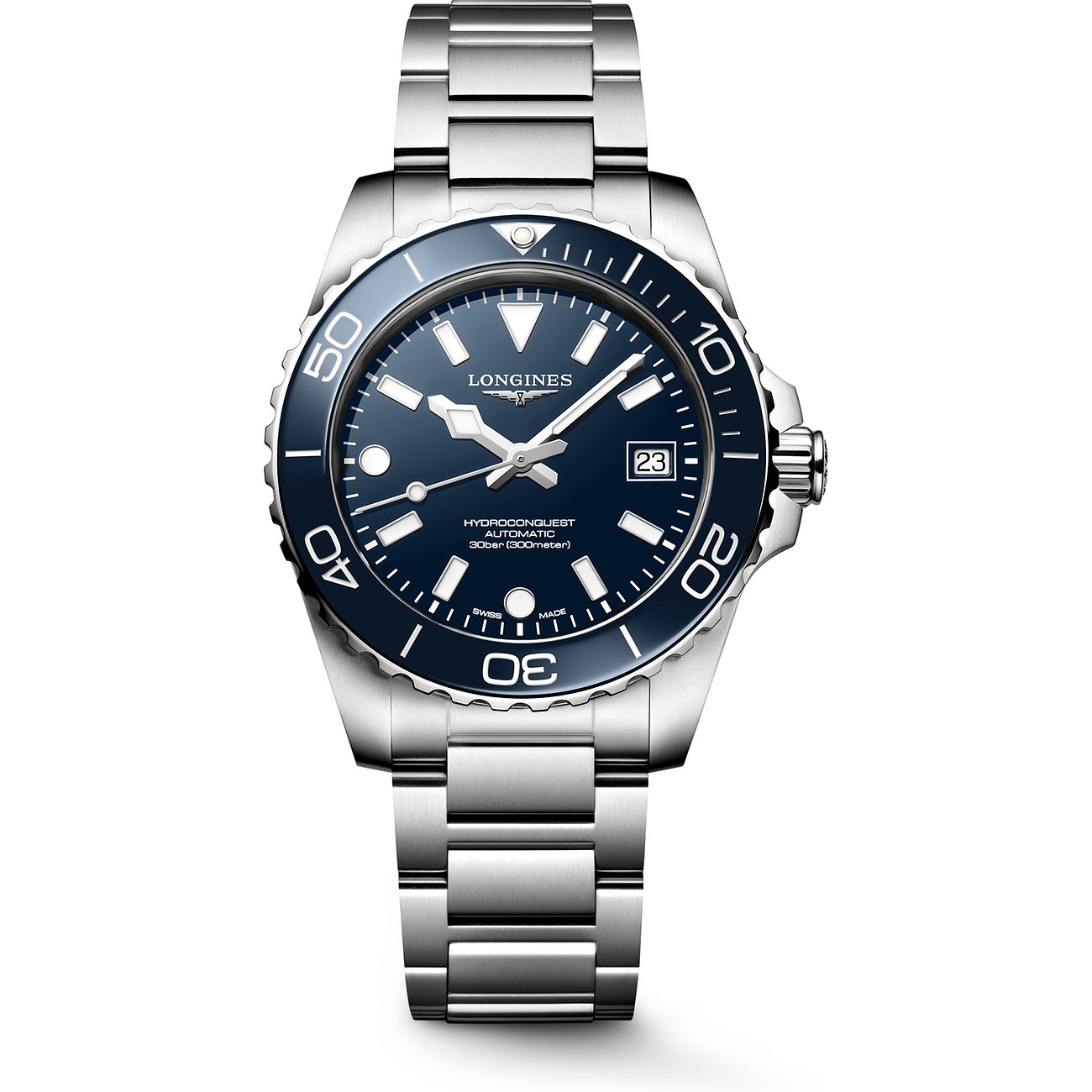 Longines Herrenuhr aus Edelstahl und Keramik, komplett sichtbar von vorne, mit blauem Zifferblatt und silbernem Armband.