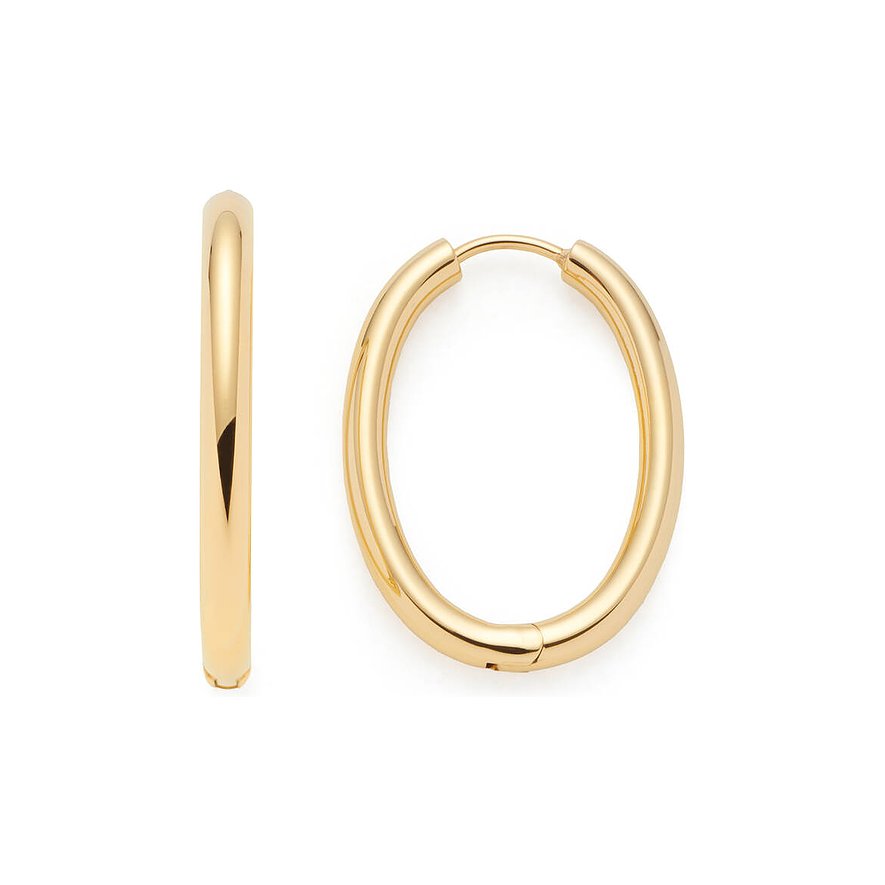 Une paire de boucles d'oreilles Leonardo brillantes en acier inoxydable doré, créoles ovales, vues de face et de côté.
