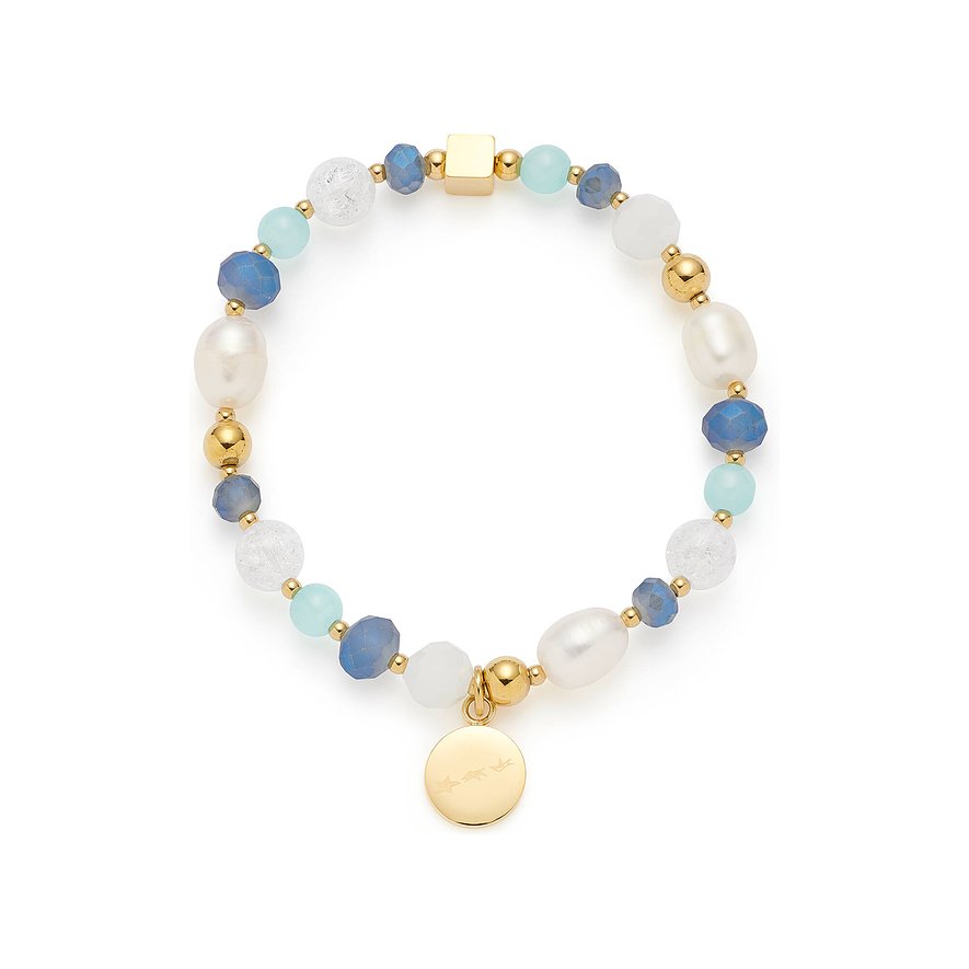 Leonardo Edelstahlarmband mit goldenen und silbernen Kügelchen, blauen, weißen und türkisen Glassteinen und einem Anhänger.