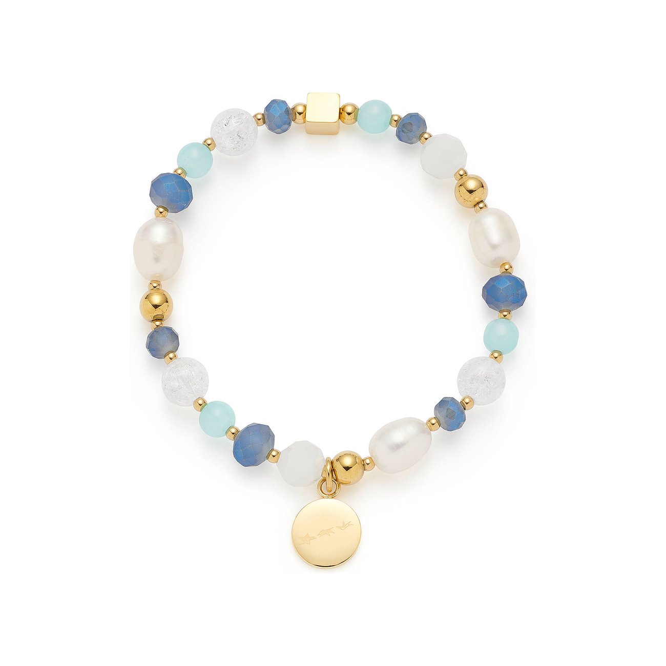 Leonardo Edelstahlarmband mit goldenen und silbernen Kügelchen, blauen, weißen und türkisen Glassteinen und einem Anhänger.