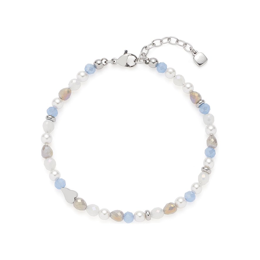 Leonardo Armband aus Edelstahl mit Perlen, hellblauen Glassteinen und iridescenten Schmucksteinen.