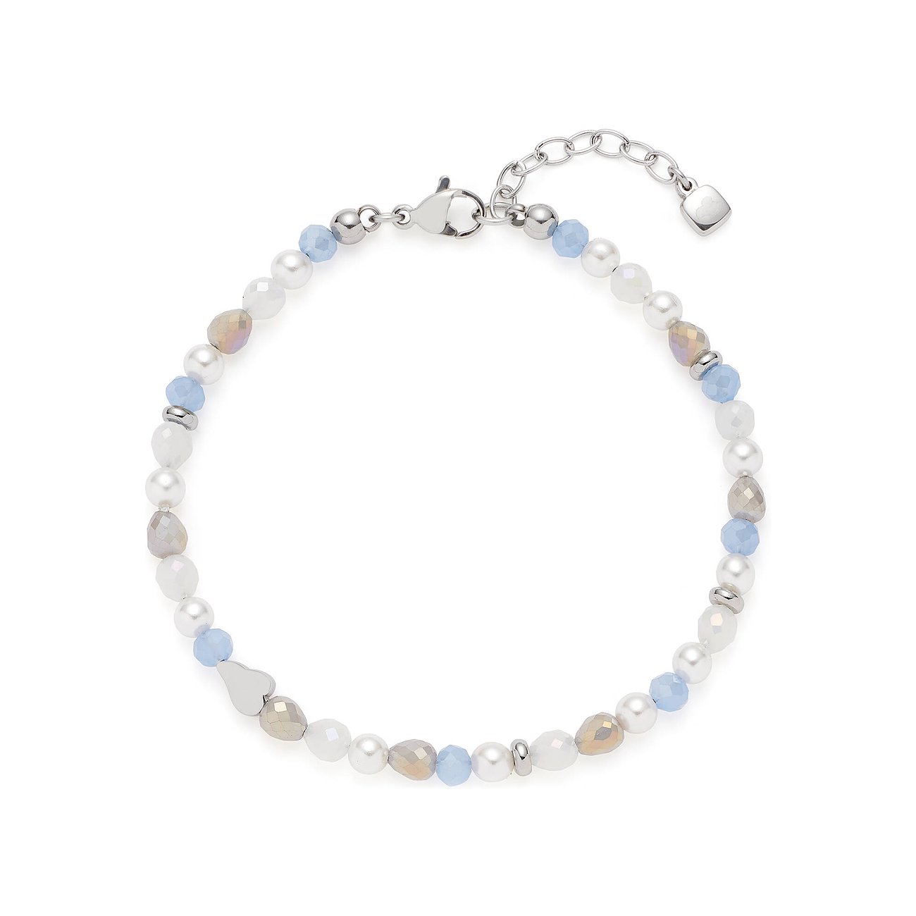 Leonardo Armband aus Edelstahl mit Perlen, hellblauen Glassteinen und iridescenten Schmucksteinen.
