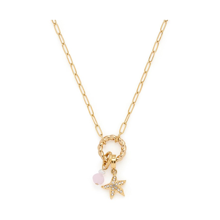 Leonardo Halskette aus goldfarbenem Edelstahl mit einer rosa Perle und einem Seesternanhänger.