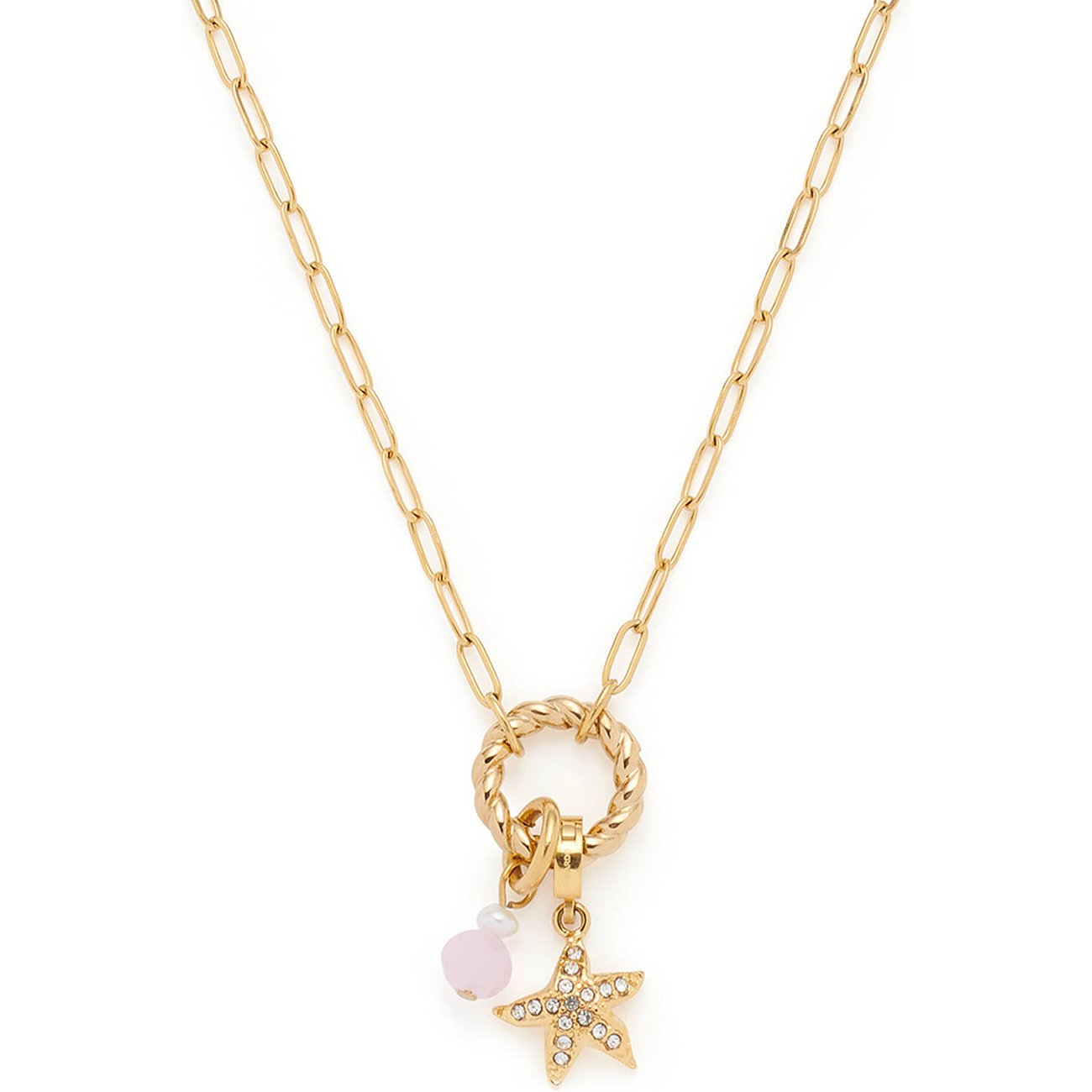Leonardo Halskette aus goldfarbenem Edelstahl mit einer rosa Perle und einem Seesternanhänger.