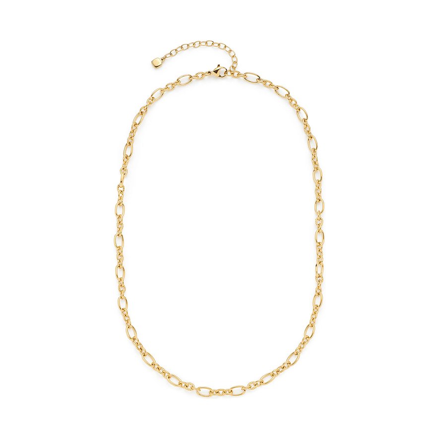 Die goldfarbene Leonardo Halskette aus Edelstahl besteht aus ovalen und runden Kettengliedern.