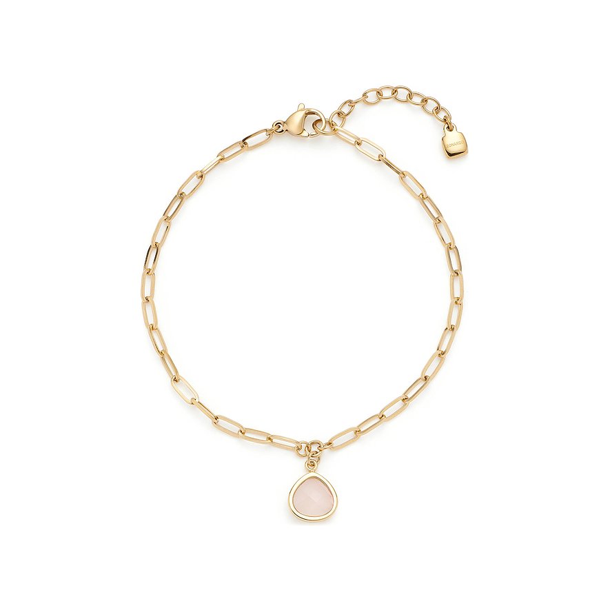 Leonardo Armschmuck aus gelbvergoldetem Edelstahl mit Gliederkette und einem Anhänger mit rosa Glasstein.