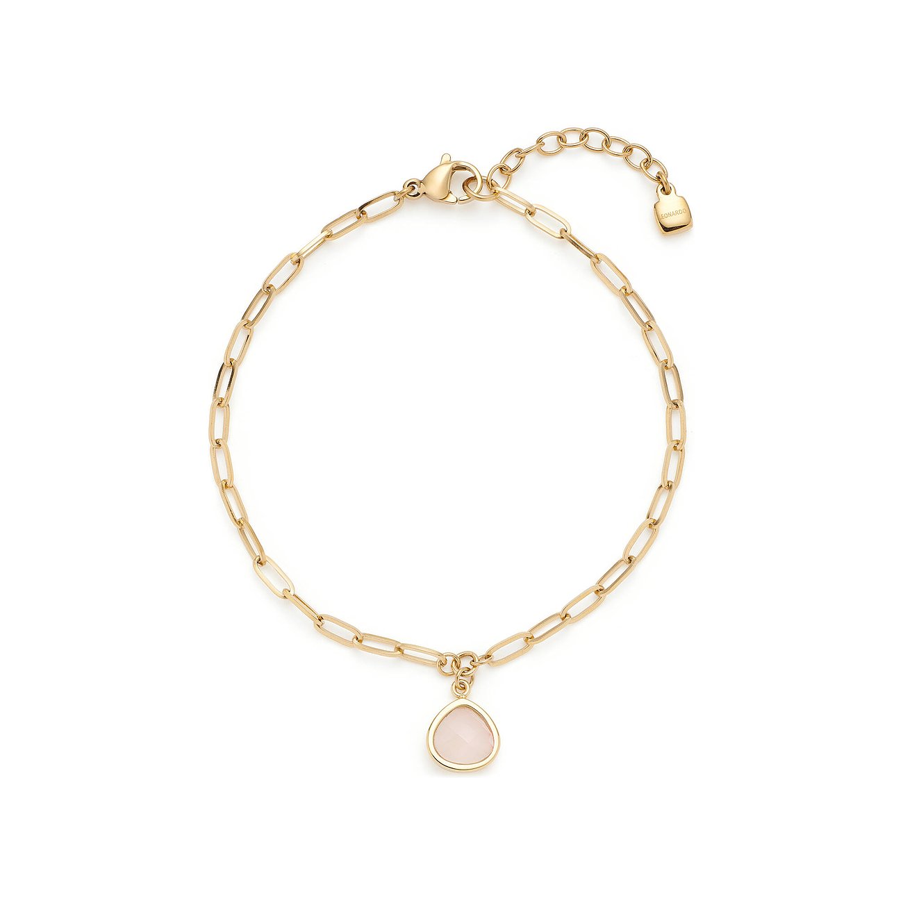 Leonardo Armschmuck aus gelbvergoldetem Edelstahl mit Gliederkette und einem Anhänger mit rosa Glasstein.