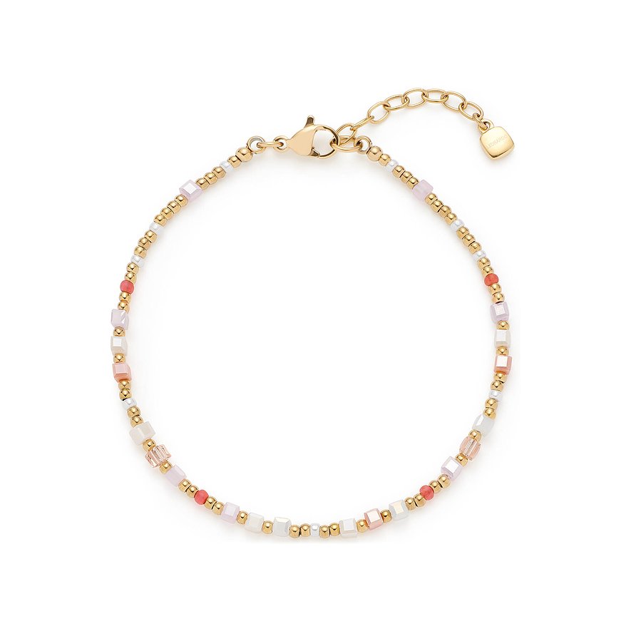 Leonardo Armband aus goldenem Edelstahl mit kleinen runden Metallperlen, weißen sowie rosa quadratischen Glassteinen.