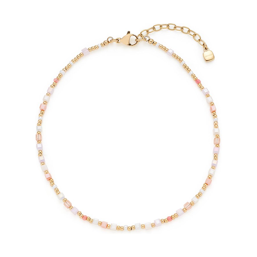 Leonardo Fußkette aus Edelstahl mit goldenen Perlen und quadratischen Glassteinen in Weiß, Rosa und Orange.
