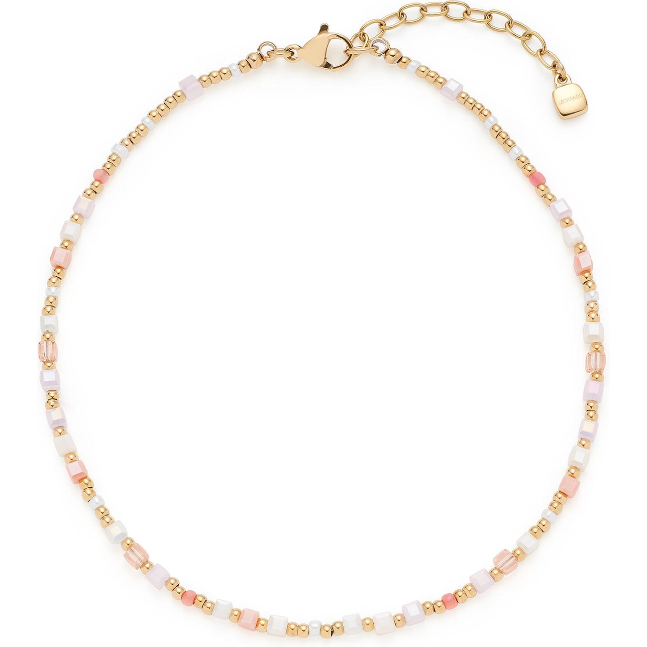 Leonardo Fußkette aus Edelstahl mit goldenen Perlen und quadratischen Glassteinen in Weiß, Rosa und Orange.
