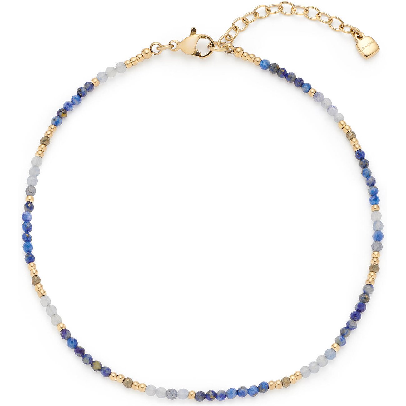 Cavigliera Leonardo in acciaio inossidabile con piccole pietre color lapislazzuli e minuscole sfere dorate.