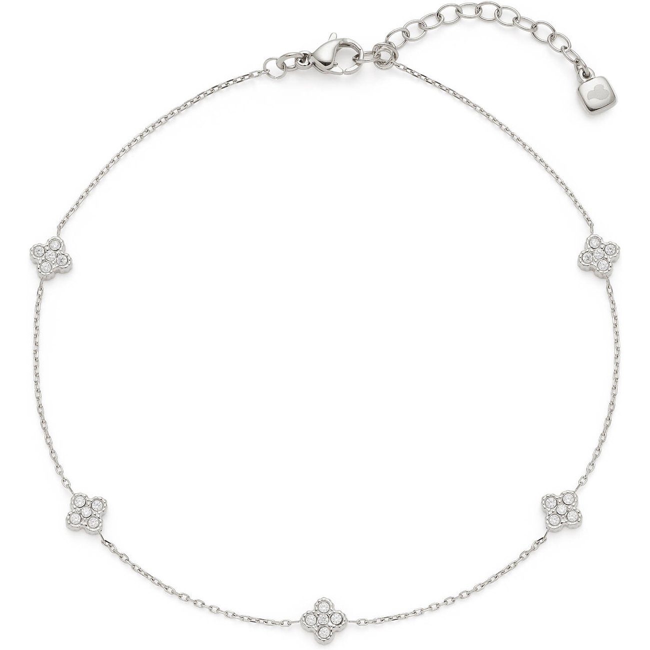 Edelstahl-Leonardokettenarmband mit funkelnden Zirkonia-Kleeblättern und Karabinerverschluss.